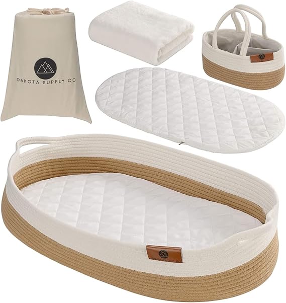 Baby Changing Basket, Moses Diaper Bassinet with foam pad, 2 waterproof covers, blanket, diaper caddy storage organizer, table/dresser/nursery topper, portable Boho station for tables, woven rope tray