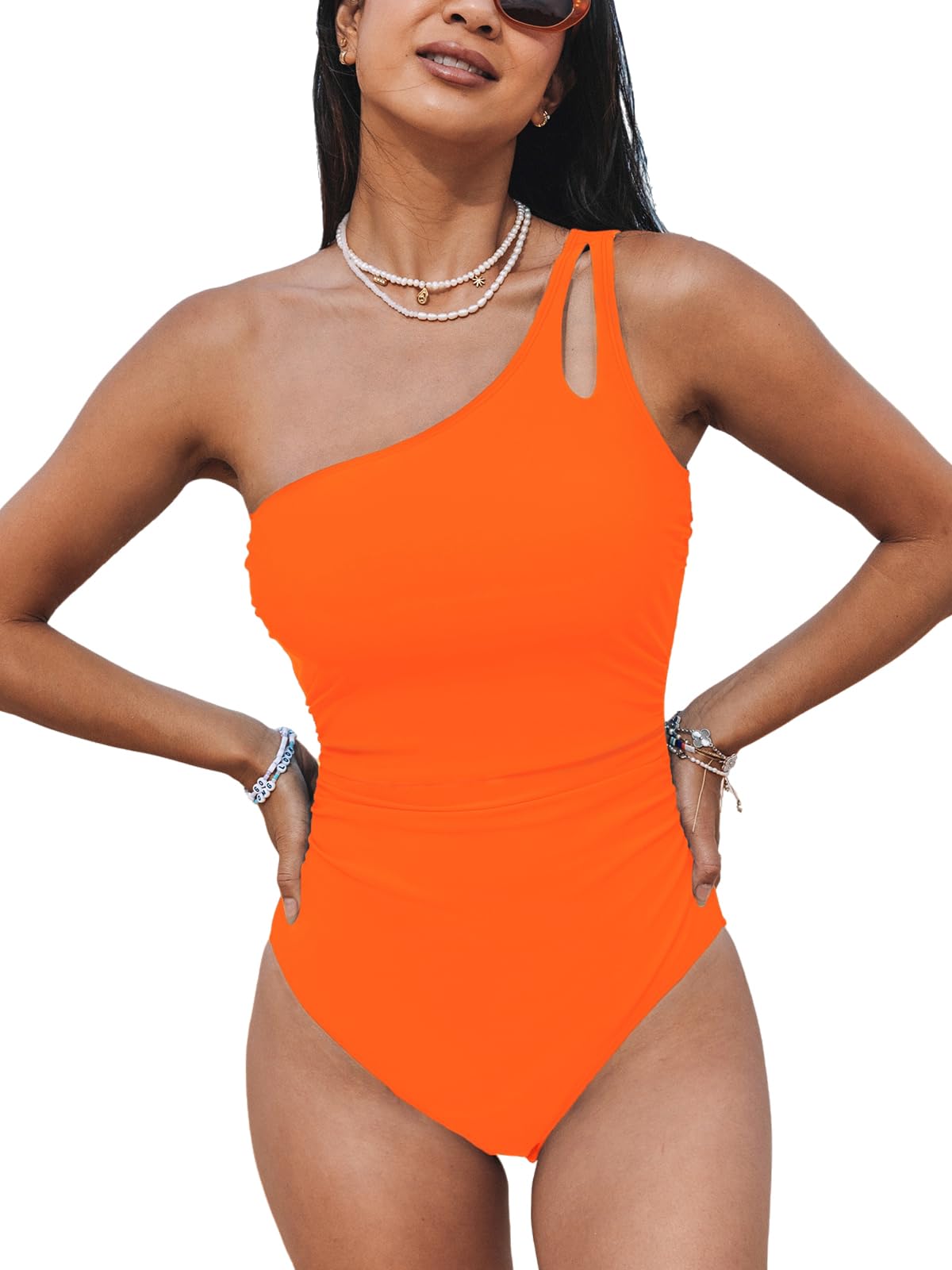 CUPSHE Women's One Piece Swimsuit Tummy Control Bathing Suit One Shoulder Fixed Strap Slimming Swimwear M Neon Orange