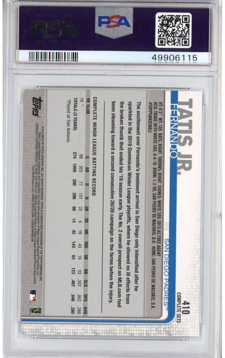 Graded 2019 Topps Complete Set Fernando Tatis Jr. #410 White Jersey Rookie RC Baseball Card PSA 10 Gem Mint
