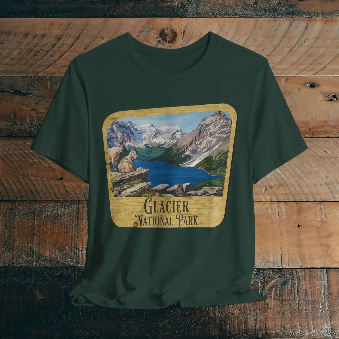 Glacier National Park Unisex Fit Short Sleeve T-Shirt Wood Sign