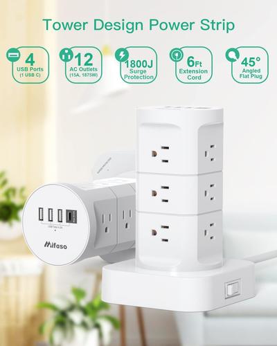 Surge Protector Power Strip Tower, 12 Widely Outlets 4 USB Ports (1 USB C) 6ft