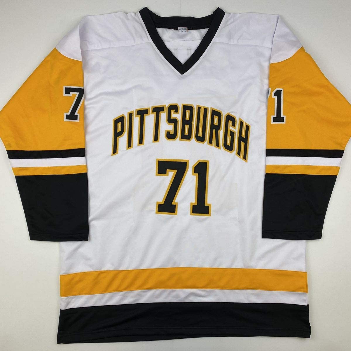 Autographed/Signed Evgeni Malkin Pittsburgh White Hockey Jersey Beckett BAS COA