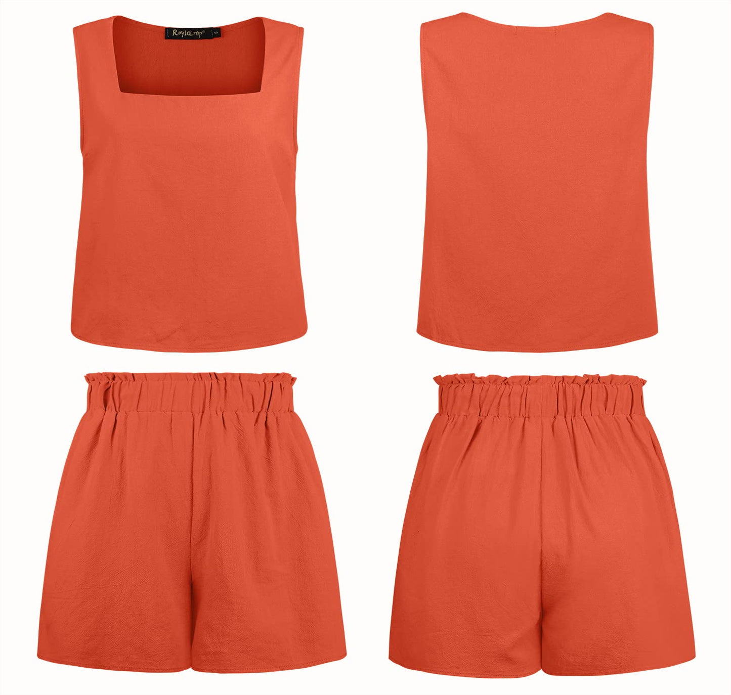ROYLAMP Women's Summer 2 Piece Outfits Sleeveless Square Neck Crop Tops High Waisted Shorts Set Romper with Pockets Orange L