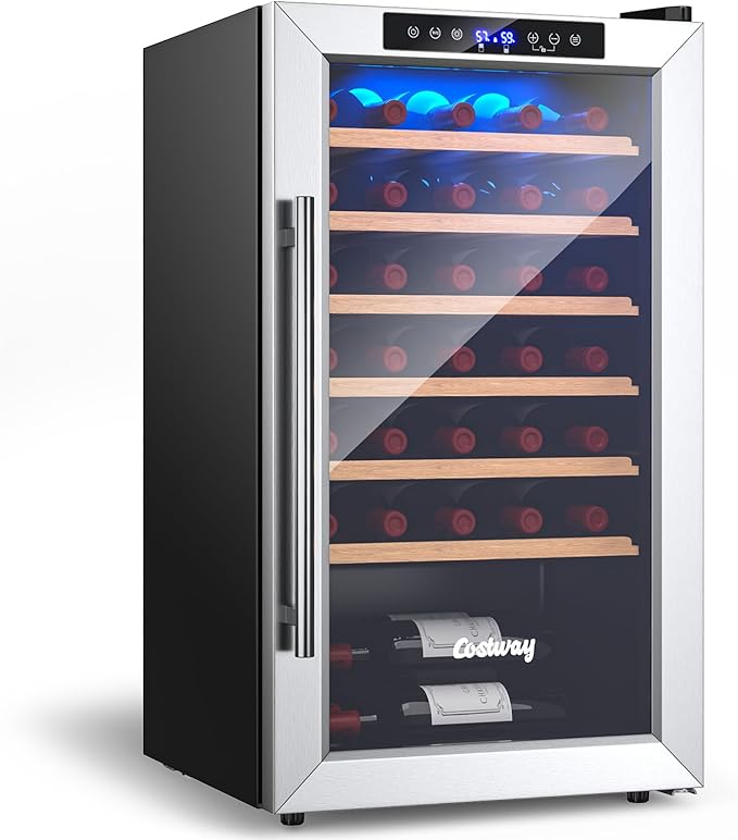 COSTWAY 20 Inch Wine Cooler, 33 Bottles Wine Refrigerator with 2-Layer Tempered Glass Door & Dual Alarm Function, 41-64.5´�F Temp Control, Built-In or Freestanding Mini Wine Fridge