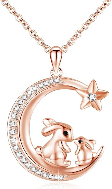 S925 Sterling Silver Bunny Rabbit/Owl/Flamingo/Panda/Unicorn Necklace Crescent Moon Pendant Cute Animal Jewelry Gifts for Women Girls