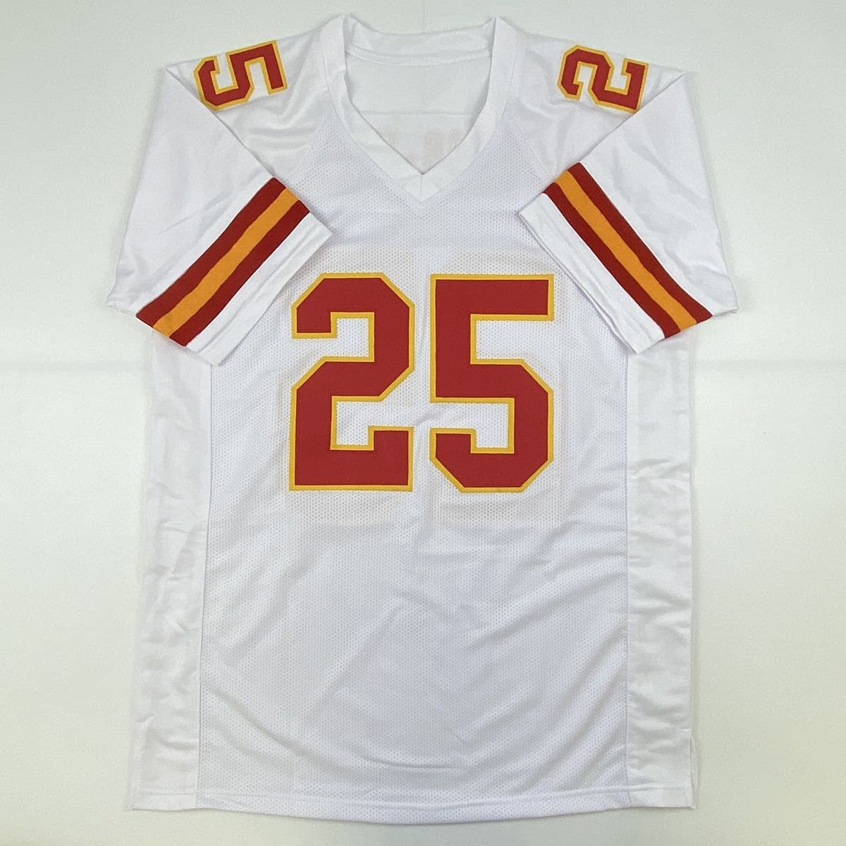 Autographed/Signed Clyde Edwards-Helaire Kansas City White Football Jersey Beckett BAS COA
