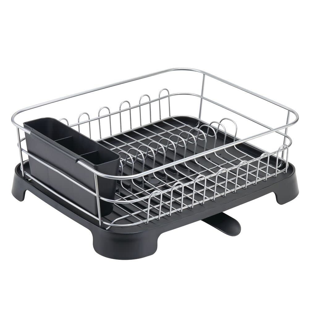 mDesign Alloy Steel Sink Dish Drying Rack Holder with Swivel Spout -Silver/Black