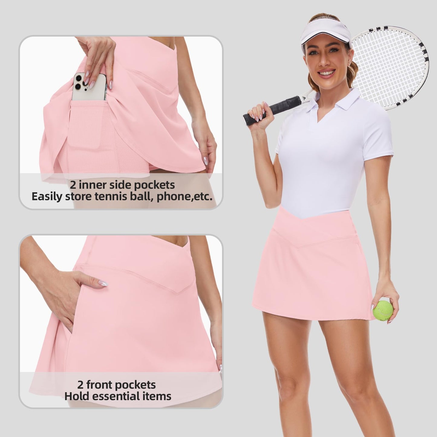 M MOTEEPI Skorts for Woman with Pockets Golf Skorts for Women Dressy Casual Tennis Skirt with Shorts Underneath Light Pink L
