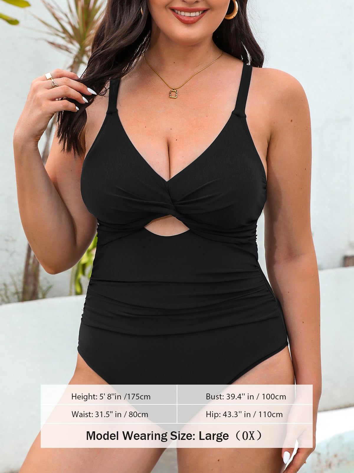 CUPSHE Women's One Piece Swimsuit Plus Size Bathing Suit Twist Front Cutout Ruched Back Tie Swimwear 2XL Black