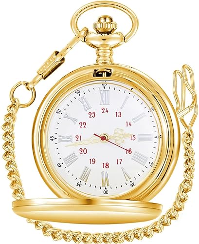 Smooth Vintage Quartz Pocket Watch with Chain Roman Numerals Scale(Gold White)