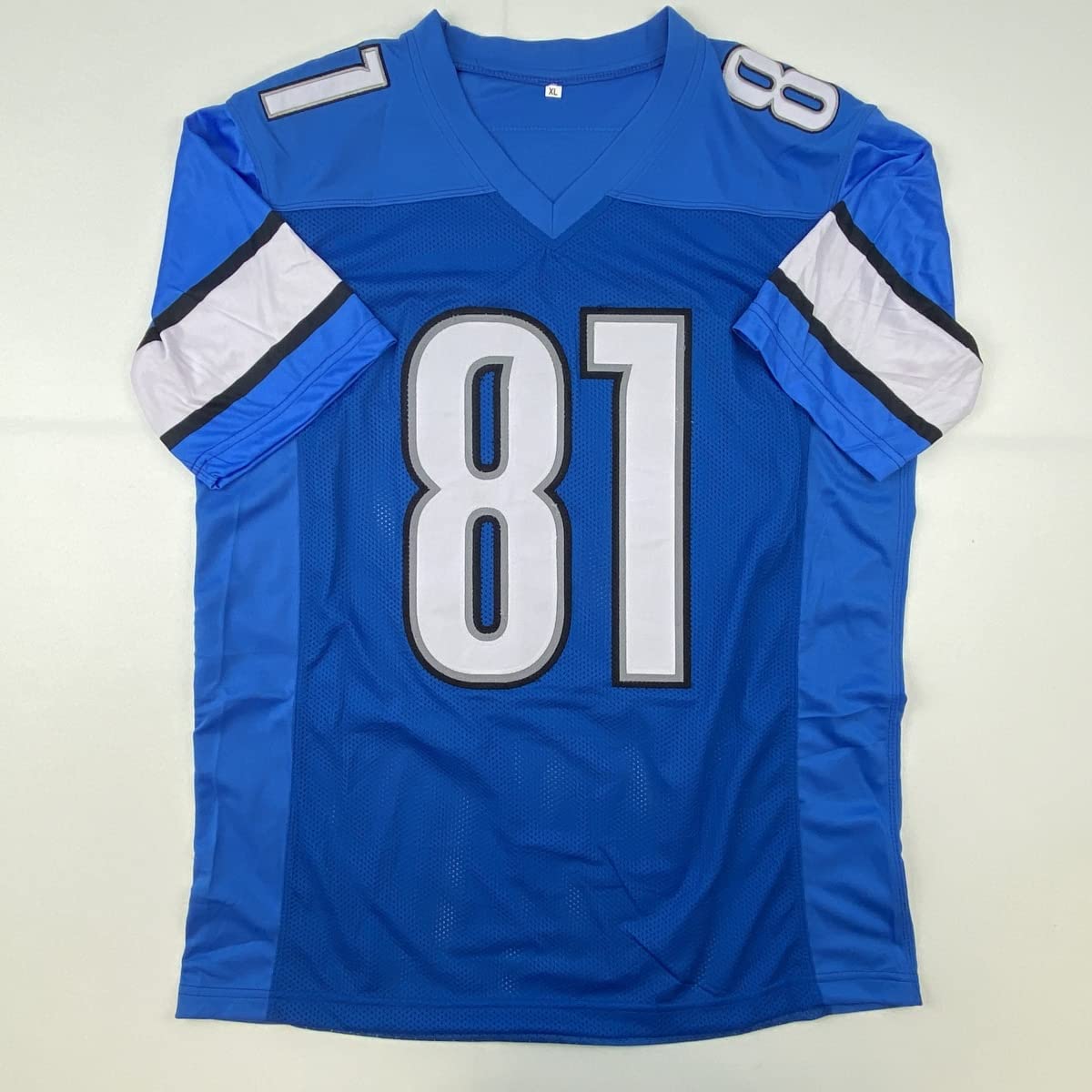 Autographed/Signed Calvin Johnson HOF 21 Detroit Blue Football Jersey JSA COA