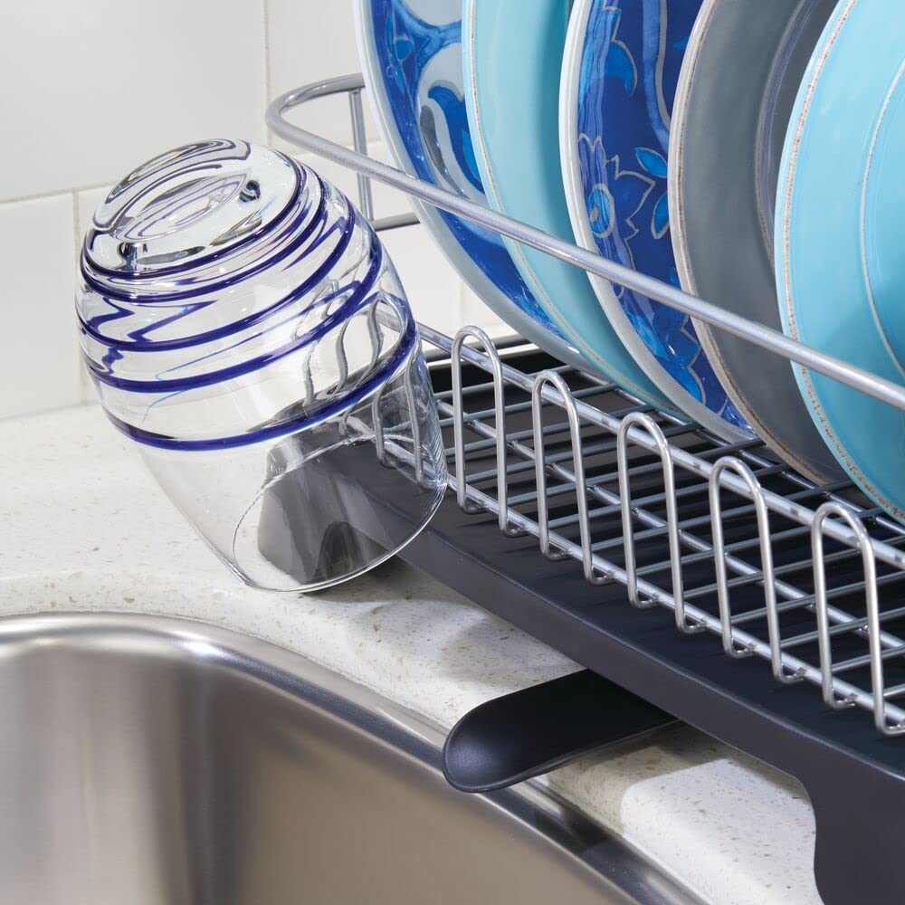 mDesign Alloy Steel Sink Dish Drying Rack Holder with Swivel Spout -Silver/Black