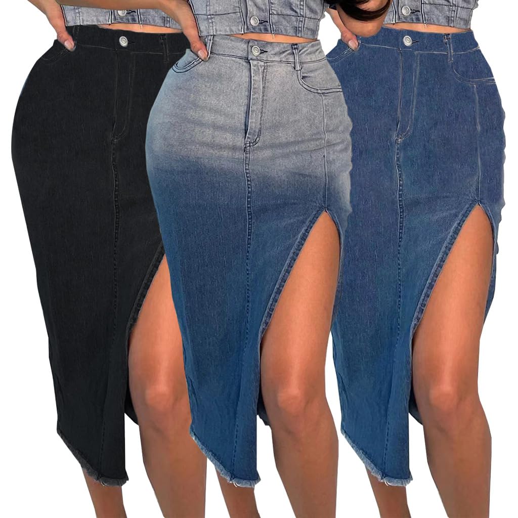 Gradient Midi Jean Skirts for Women Long Denim Skirt with Slit Pockets Stretch High Waist Pencil Jean Skirt