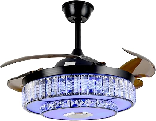 42" Black Crystal Chandelier Ceiling Fans with Lights Remote Control, Modern Fandelier with Bluetooth Speaker Retractable Blade Silent Motor 7 Color Dimming 6 Speed for Dining Room Living Room Bedroom