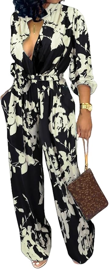 SxClub Jumpsuits for Women Formal Sexy Elegant Long Straight Pants Busineess Party Jumpsuit with Belt Pockets