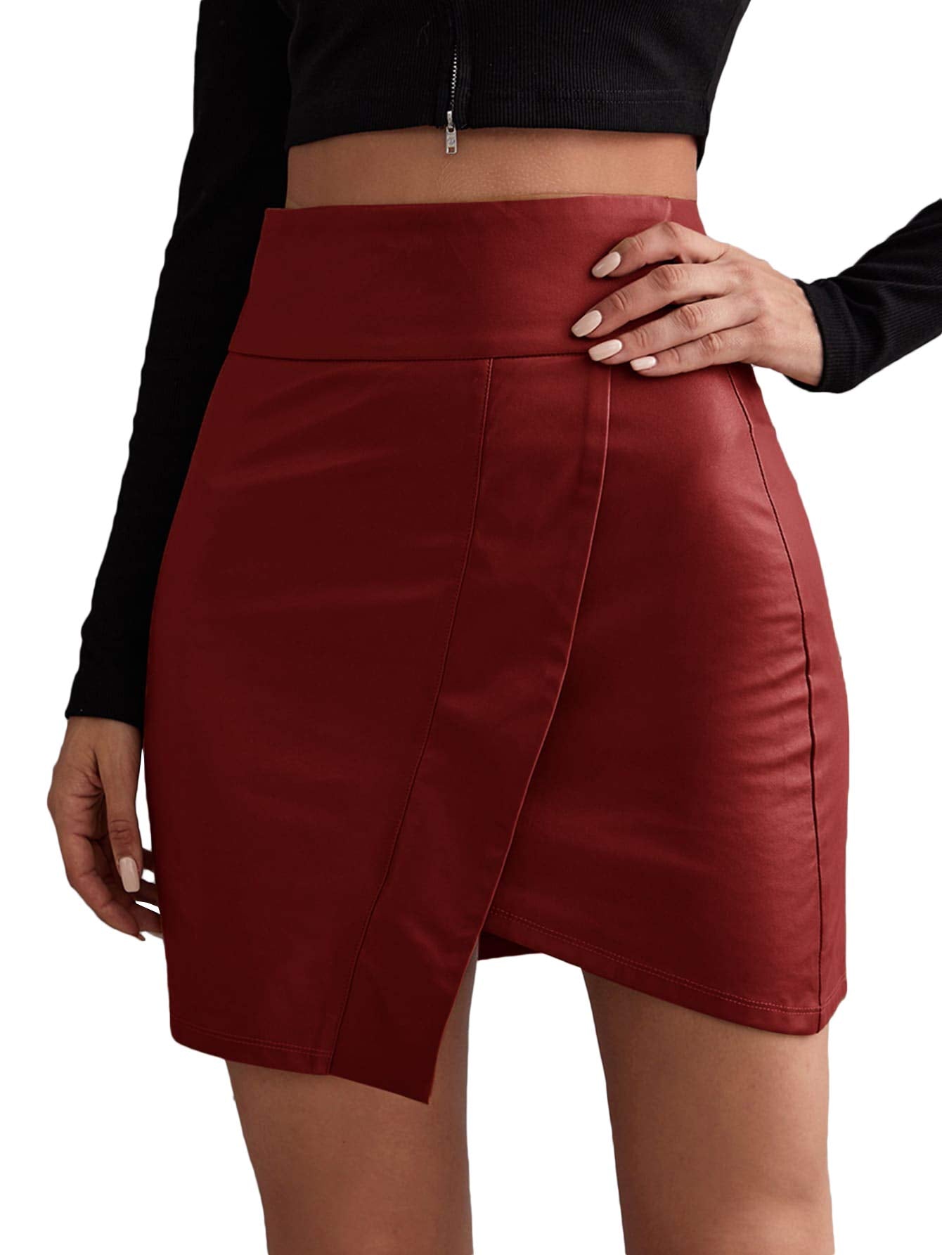 Floerns Women's Solid High Waist Asymmetrical Hem Bodycon PU Leather Skirt Burgundy XL