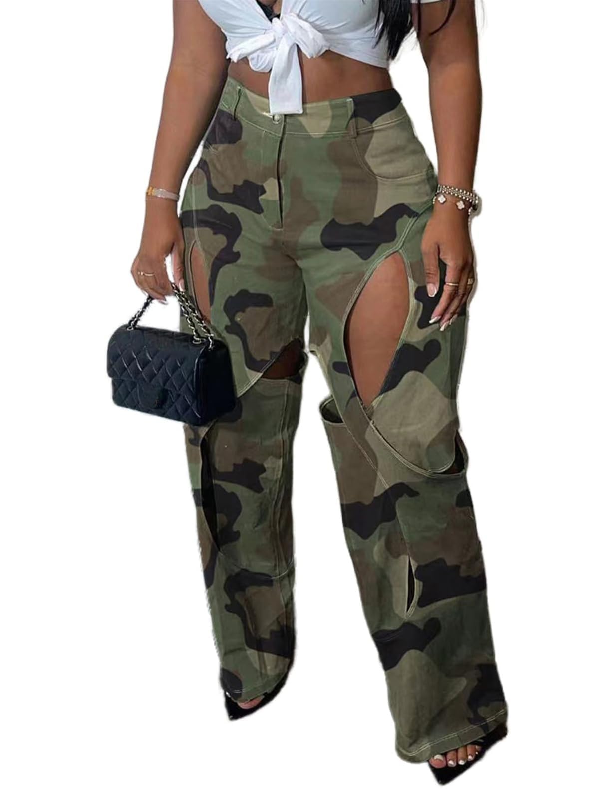 Womens Camo Cargo Pants High Waist Y2K Baggy Cut Out Straight Leg Casual Trousers Streetwear