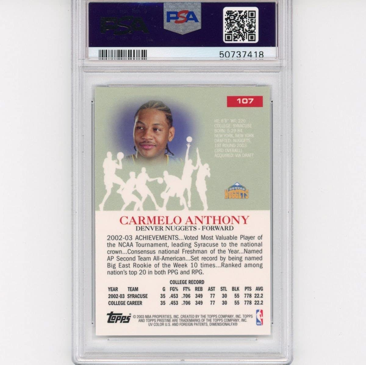 Graded 2003-04 Topps Pristine Carmelo Anthony #107 Rookie RC Basketball Card PSA 10 Gem Mint