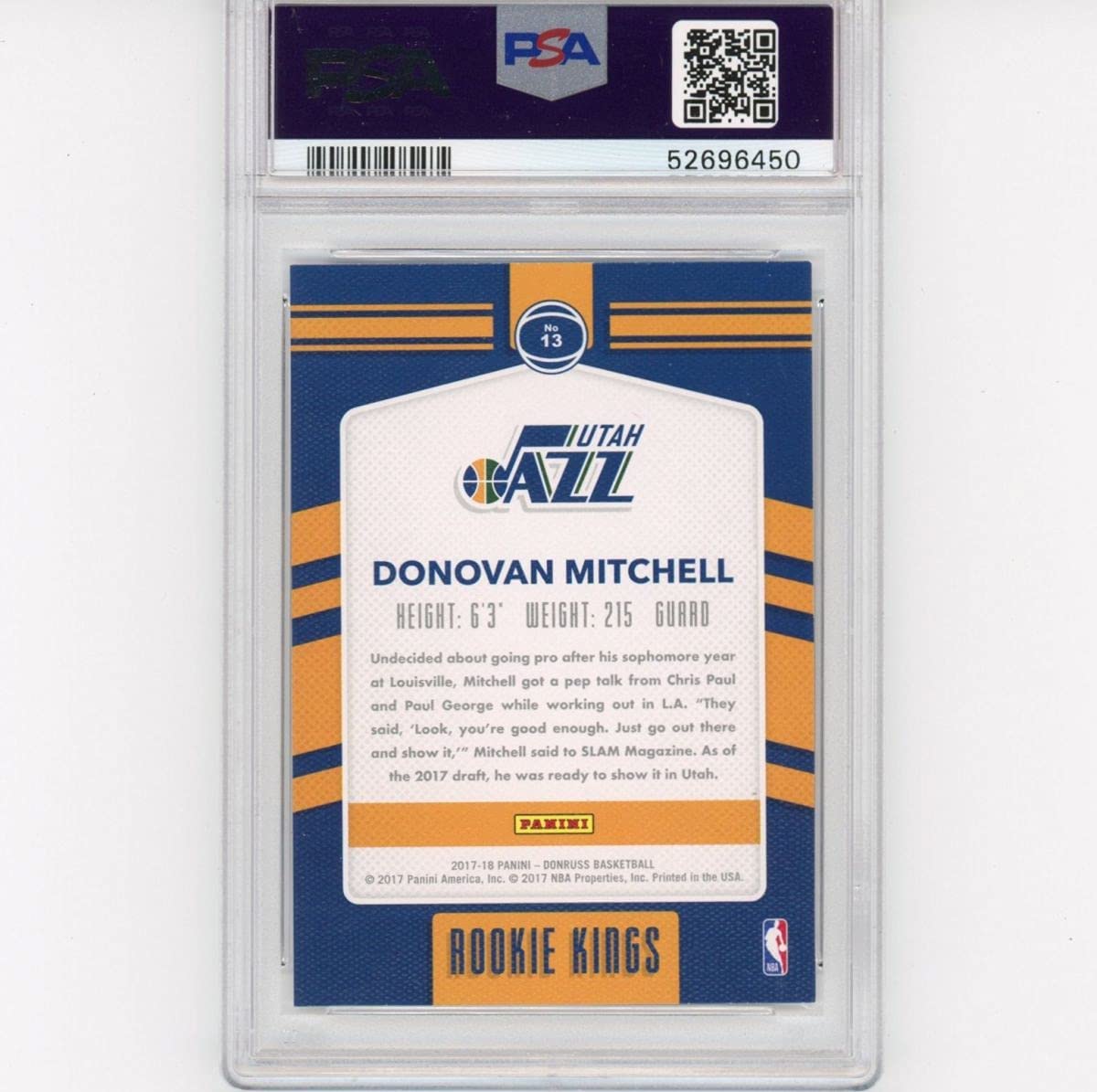 Graded 2017-18 Panini Donruss Donovan Mitchell #13 Rookie Kings RC Basketball Card PSA 10 Gem Mint