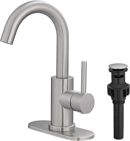 Brushed Bathroom Faucet 1 Hole, Wet Bar Sink Faucet with Pop-Up Drain, Stainless Steel Single Handle Small Kitchen Faucet with 4 In Deck Plate, 360•�Swivel Faucet for Farmhouse Vanity Sink Lavatory and RV
