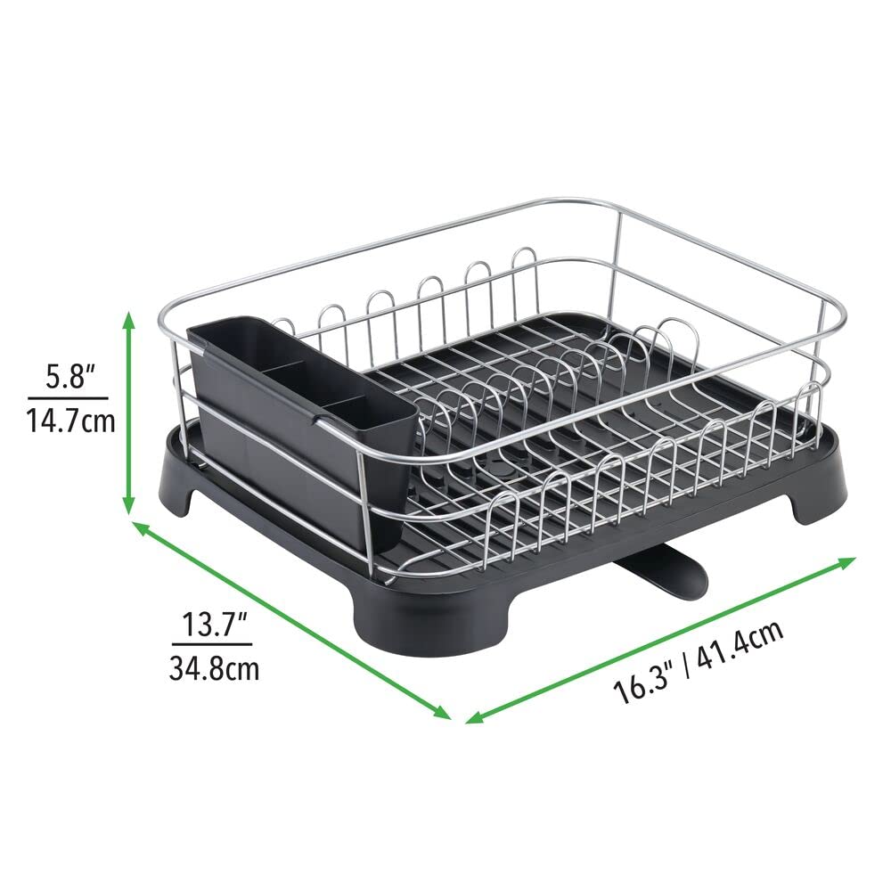 mDesign Alloy Steel Sink Dish Drying Rack Holder with Swivel Spout -Silver/Black