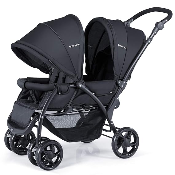 BABY JOY Double Stroller, Foldable Lightweight Twin Stroller with Tandem Seating, Adjustable Backrest/Canopy/Footrest, 5-Point Harness, Storage Basket, Double Stroller Newborn and Toddler (Black)