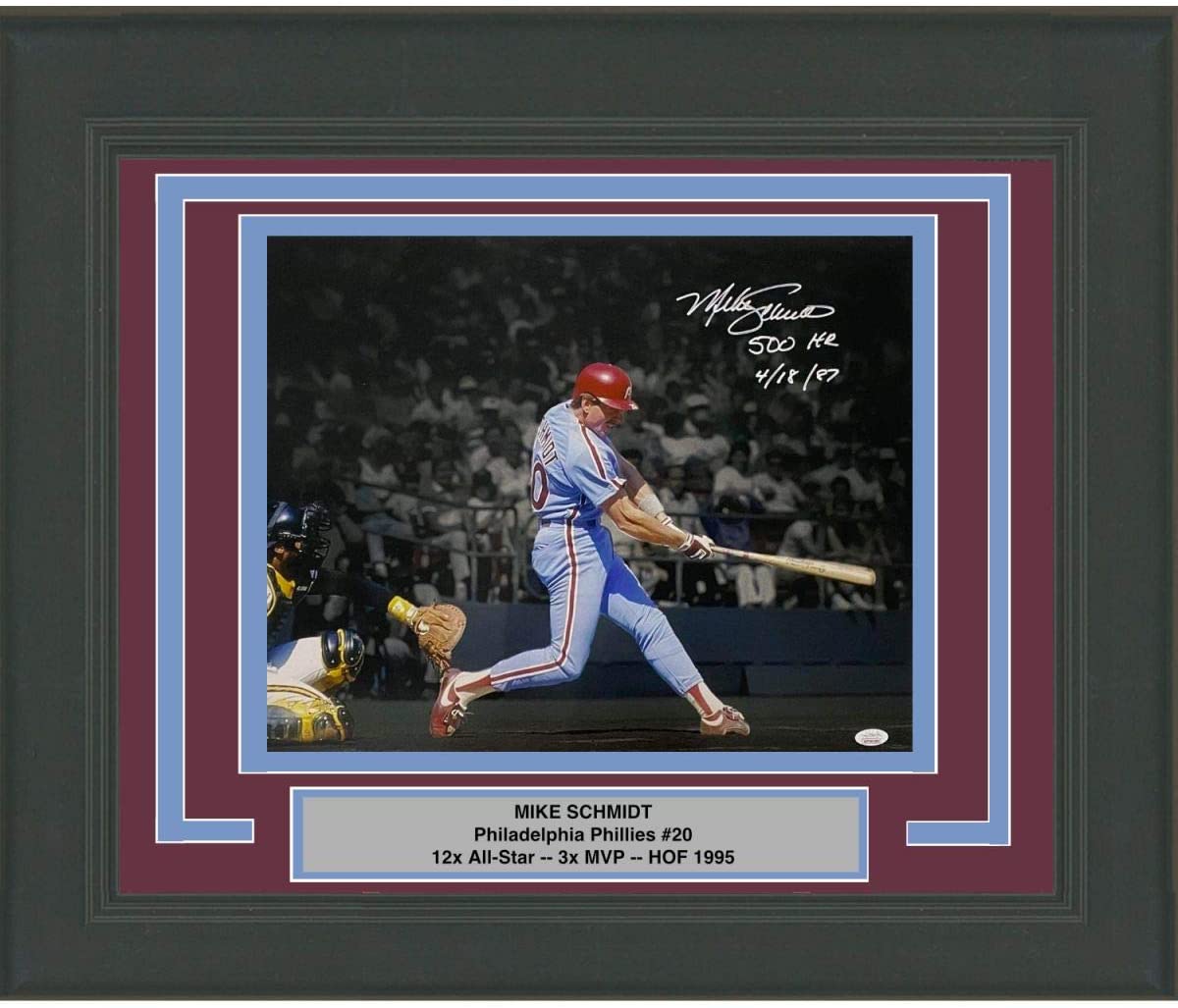 Framed Autographed/Signed Mike Schmidt 500th HR Inscribed Philadelphia Phillies 16x20 Baseball Photo JSA COA