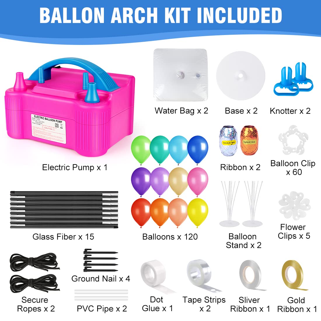 Balloon Arch Kit w/ Pump, Stand, Balloons, Clips | Wedding, Birthday, Graduation