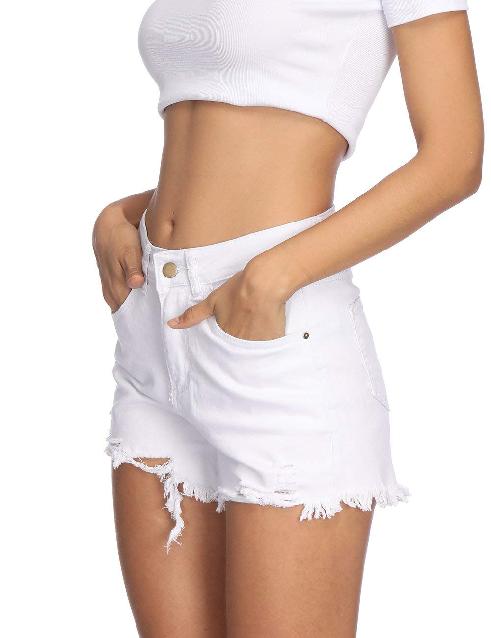 Haola Women's Juniors Denim Shorts Summer Stretchy Frayed Raw Hem Distressed Jeans Shorts White M