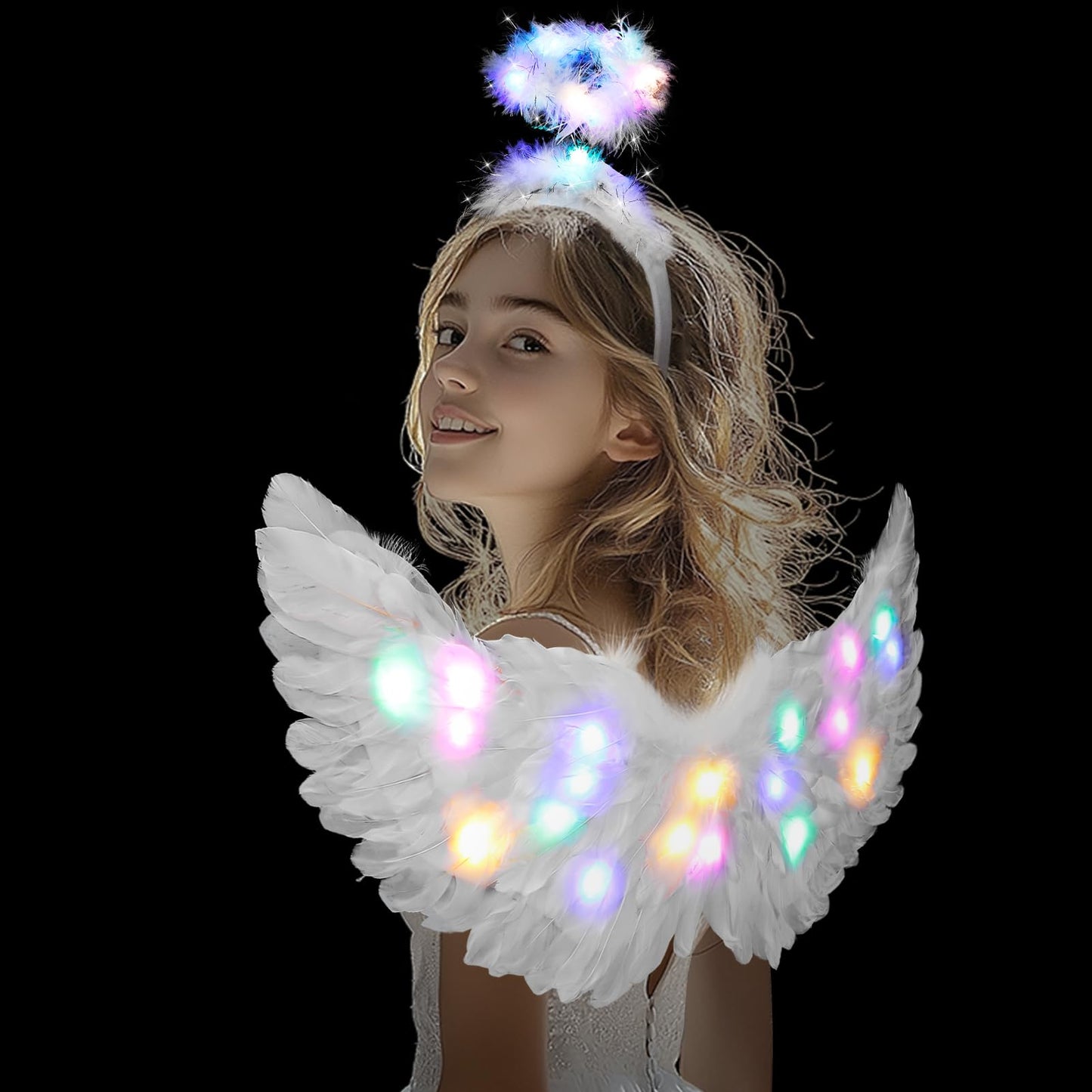 Halloween LED Angel Wings and Halo, Light Up Angel Halo White Fairy Cupid Wings