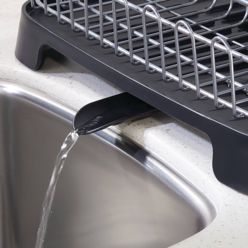 mDesign Alloy Steel Sink Dish Drying Rack Holder with Swivel Spout -Silver/Black