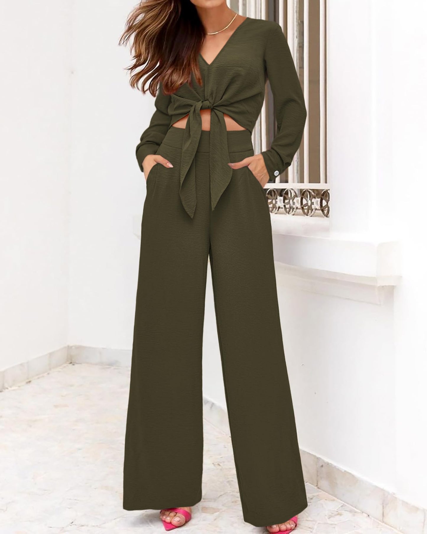 PRETTYGARDEN Women Tunic 2 Piece Sets Smocked Crop Top Wide Leg Pant Sets Dressy Jumpsuits For Work Business Office(Solid Army Green,Medium)
