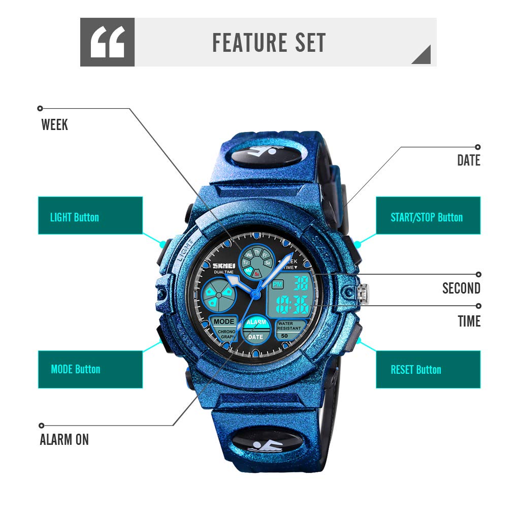 Boys Digital Watch Outdoor Sports 50M Waterproof Electronic Watches - Blue