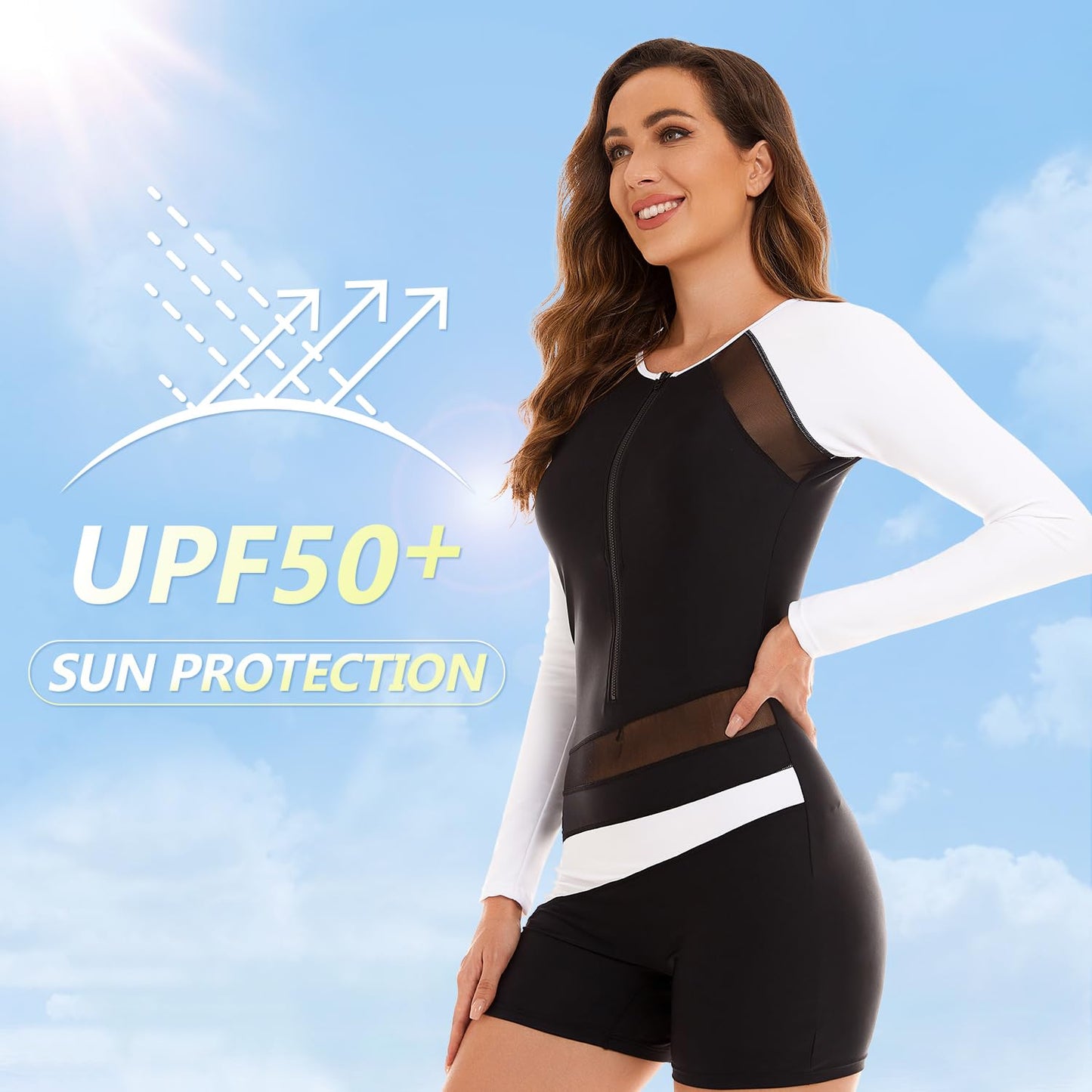 NESY Womens Rash Guard Swimsuit Boyleg Long Sleeve One Piece Bathing Suit UPF 50 Zipper Surfing Wetsuit Athletic Swimwear