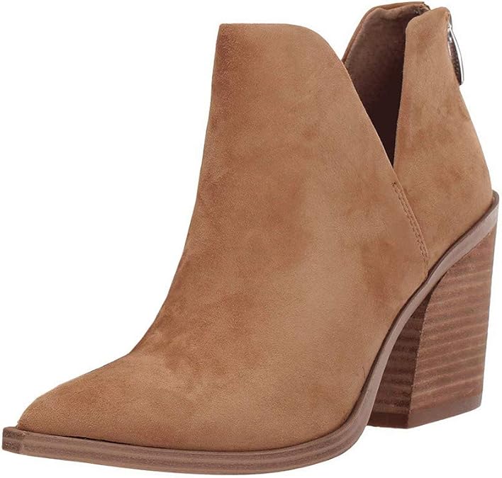 FISACE Womens Pointed Toe Stacked Mid Heel Ankle Boots V Cut Back Zipper Faux Leather Booties