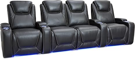 Seatcraft Equinox - Home Theater Seating - Living Room - Top Grain Leather - Power Recline - Powered Headrest and Lumbar Support - Arm Storage - USB Charging - Cup Holders - Row of 4 Loveseat, Black