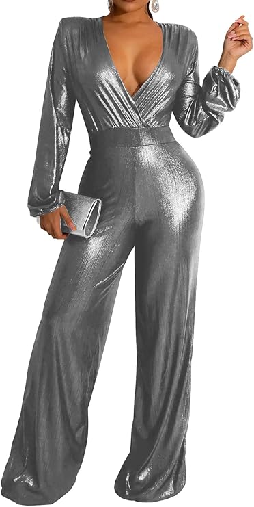 DinyIn Women's Sparkly Jumpsuits Clubwear One Piece Deep V Neck Long Sleeve Pants Rompers with Belt