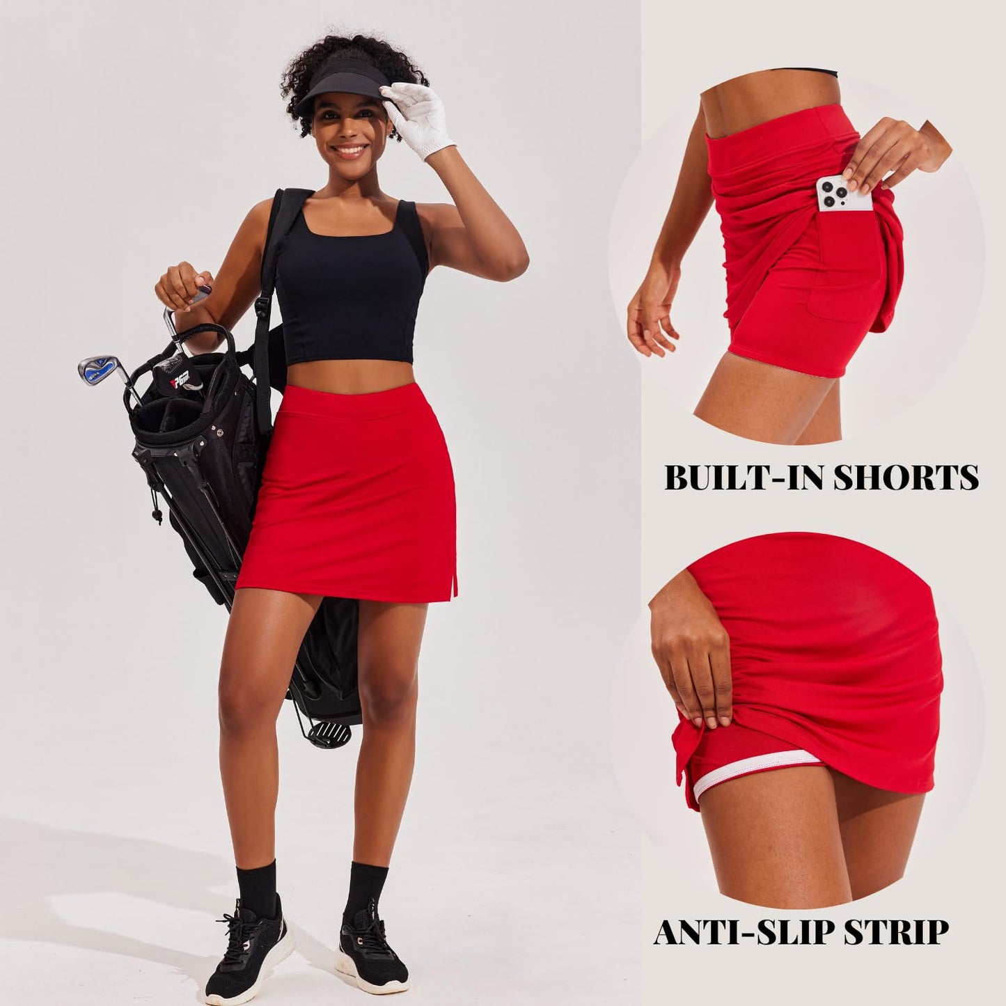 Ekouaer Golf Skirts for Woman with Pockets Silicone Grippers Tennis Skirt Inner Shorts Athletic Pickleball Running Skort,Red Large
