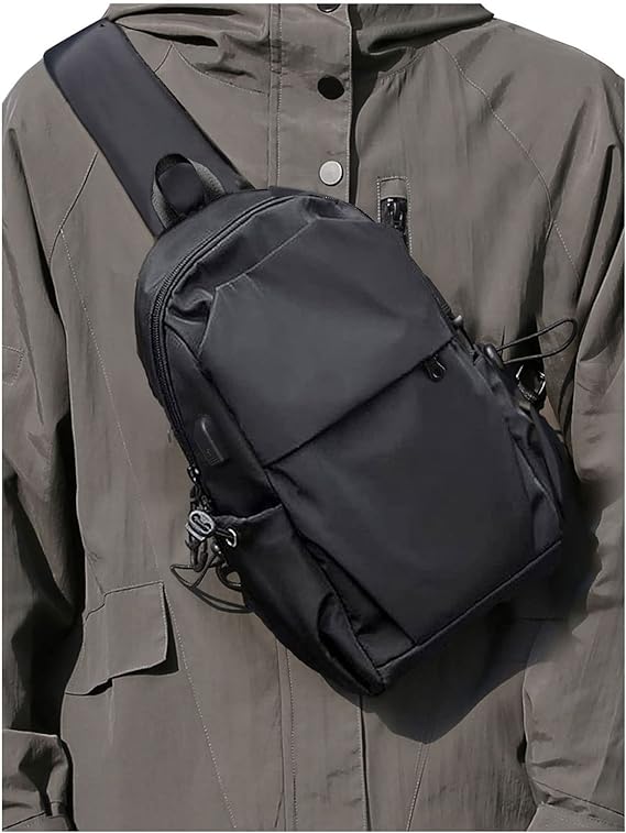 SEAFEW Small Black Sling Crossbody Backpack Shoulder Bag for Men Women, Lightweight One Strap Sling Bag Backpack for Hiking Walking Biking Travel Cycling USB Charger Port-Nylon
