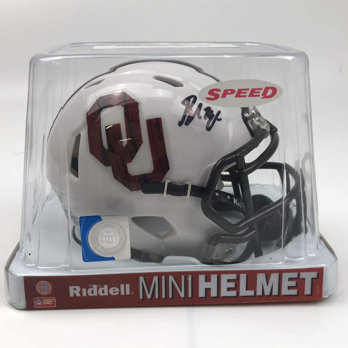 Autographed/Signed Baker Mayfield Oklahoma Sooners Mini College Football Helmet Beckett BAS COA