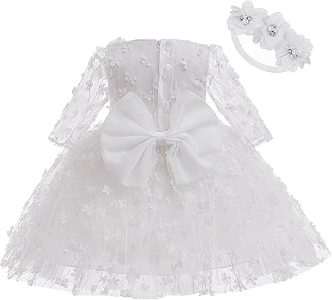 Baby Girl Bowknot Flower Dresses with Headwear Baptism Dress Infant Toddler Flower Girls Tulle Gown Wedding Birthday