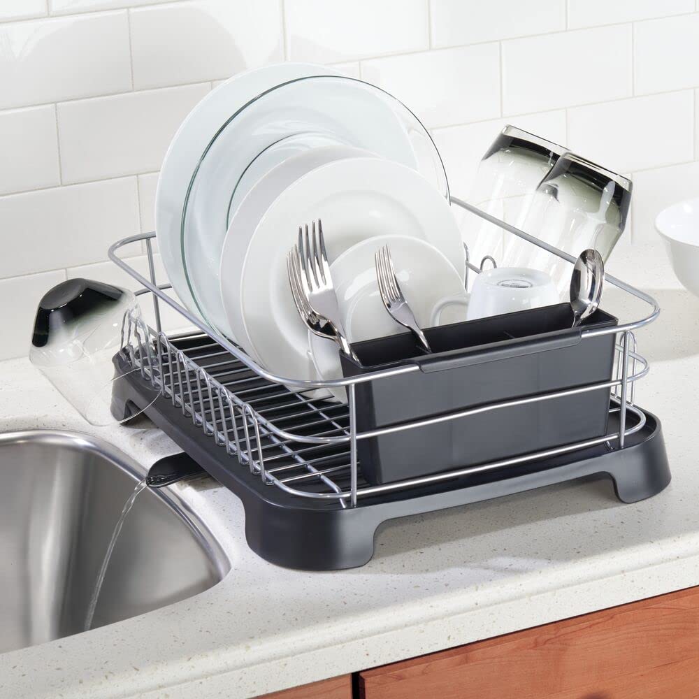 mDesign Alloy Steel Sink Dish Drying Rack Holder with Swivel Spout -Silver/Black