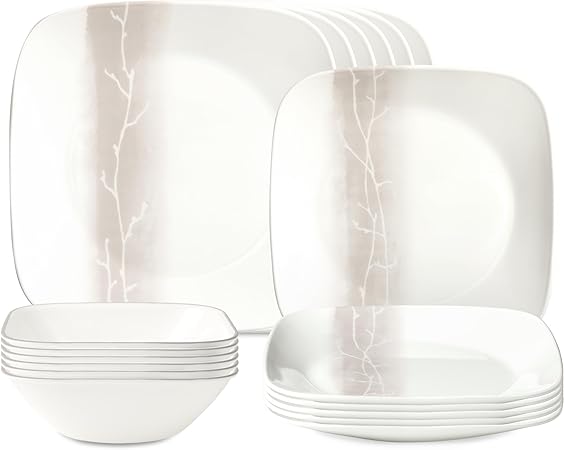 Corelle Vitrelle 18 Piece Glass Dinnerware Sets, Rectangular Square Plate and Bowl Set Service for 6, Triple Layer Chip & Crack Resistant Glass Plate and Bowl Sets, Wandering Grove
