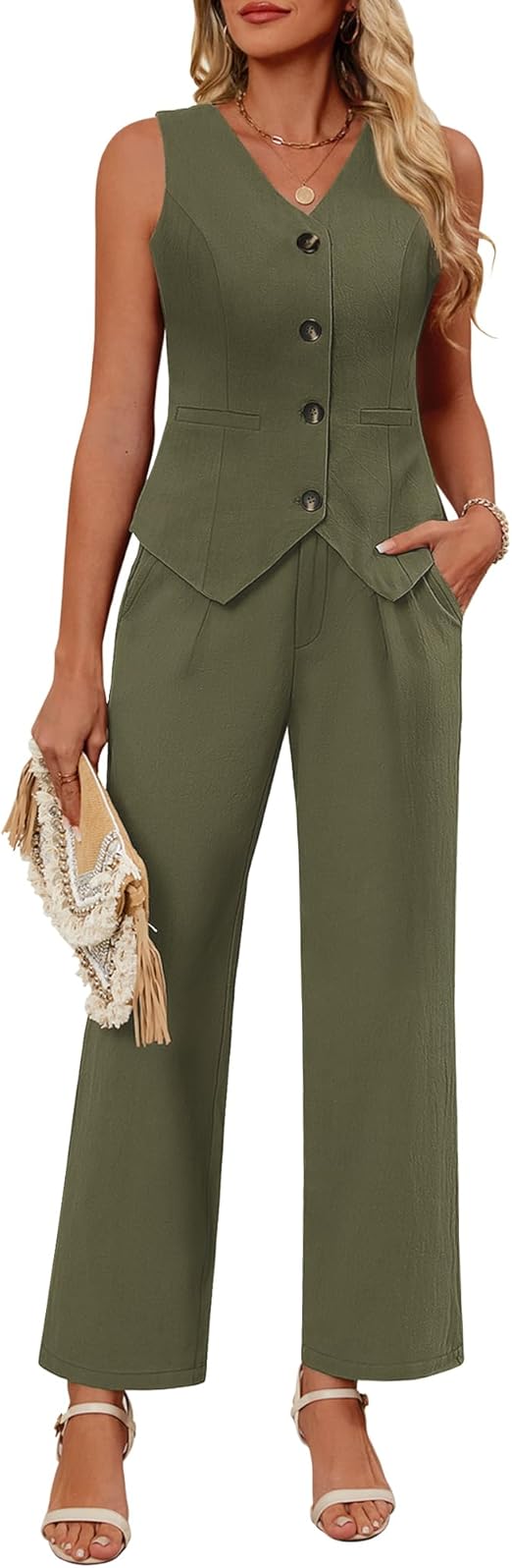 Ficerd Women's 2 Piece Outfits, Sleeveless Cotton Suit Vest and Wide Leg Pant Summer Business Casual Button V Neck Blazer Set