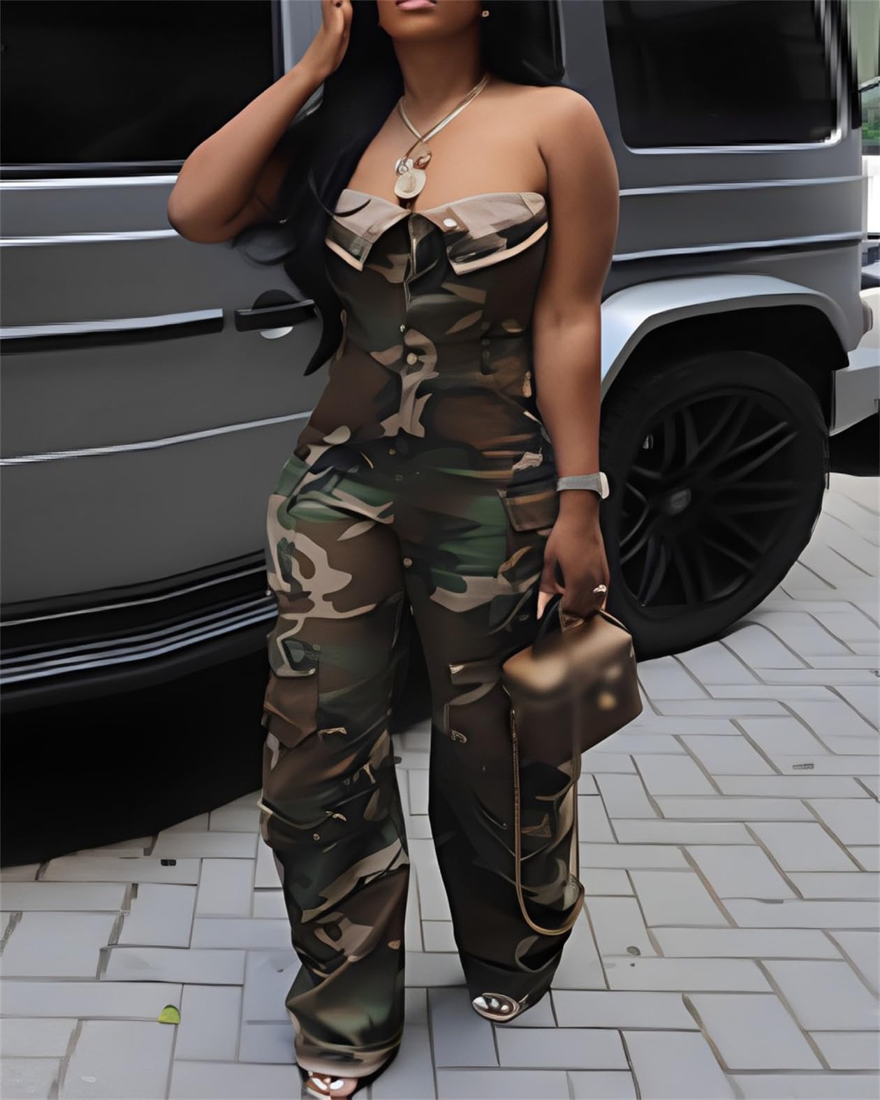 Voghtic Womens Camo Cargo Denim Jumpsuit Off Shoulder Sleeveless Loose Baggy Wide Leg Camouflage Rompers Overalls