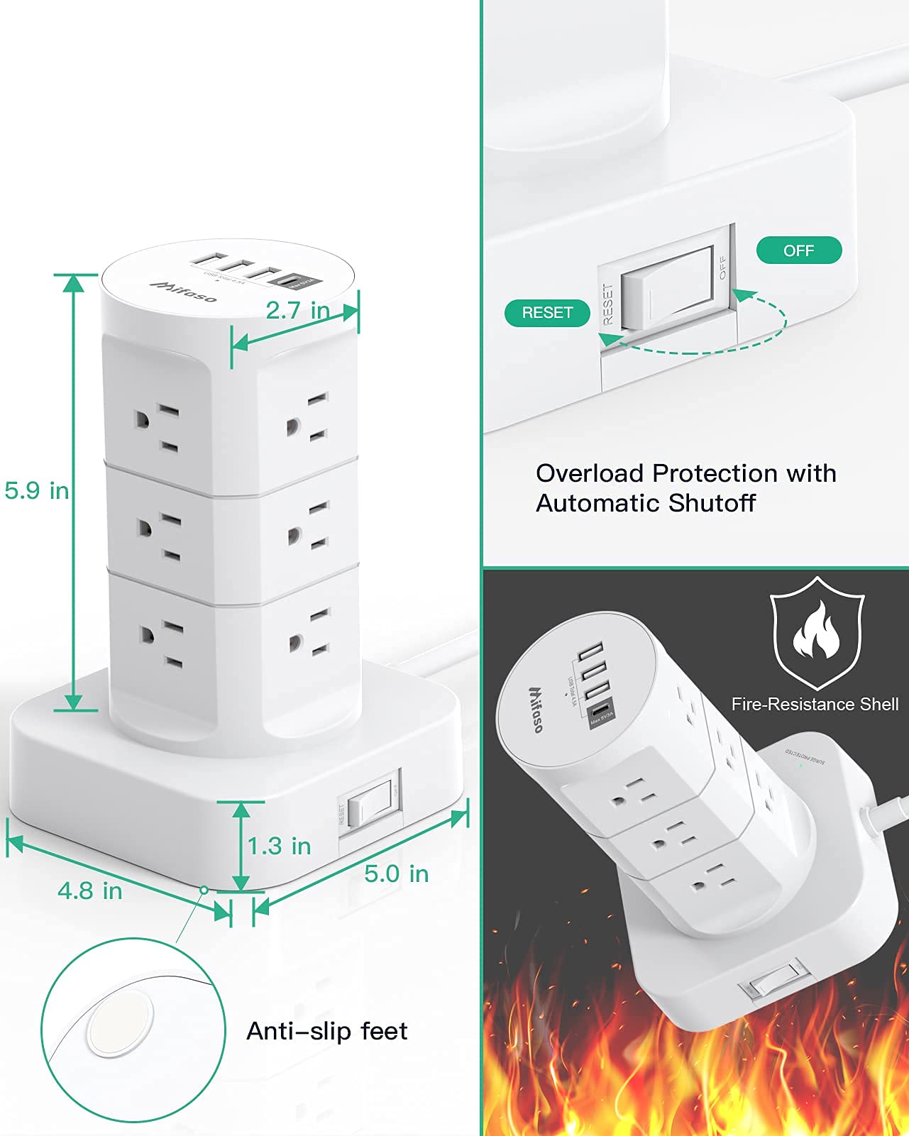 Surge Protector Power Strip Tower, 12 Widely Outlets 4 USB Ports (1 USB C) 6ft