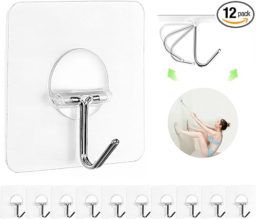 Adhesive Hooks for Hanging Heavy Duty Wall Hooks Self Adhesive Towel Coat Hooks Waterproof Transparent Hook for Bathroom Shower Kitchen Keys Door Outdoor Home Improvement Utility Hook 12 Pack