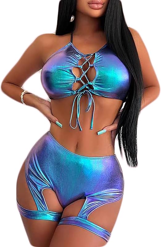 Women's 2 Piece Swimsuit Metallic Rave Outfits Halter Sexy Tops Shorts Garter Lingerie Set Beach Shiny Bikini Set