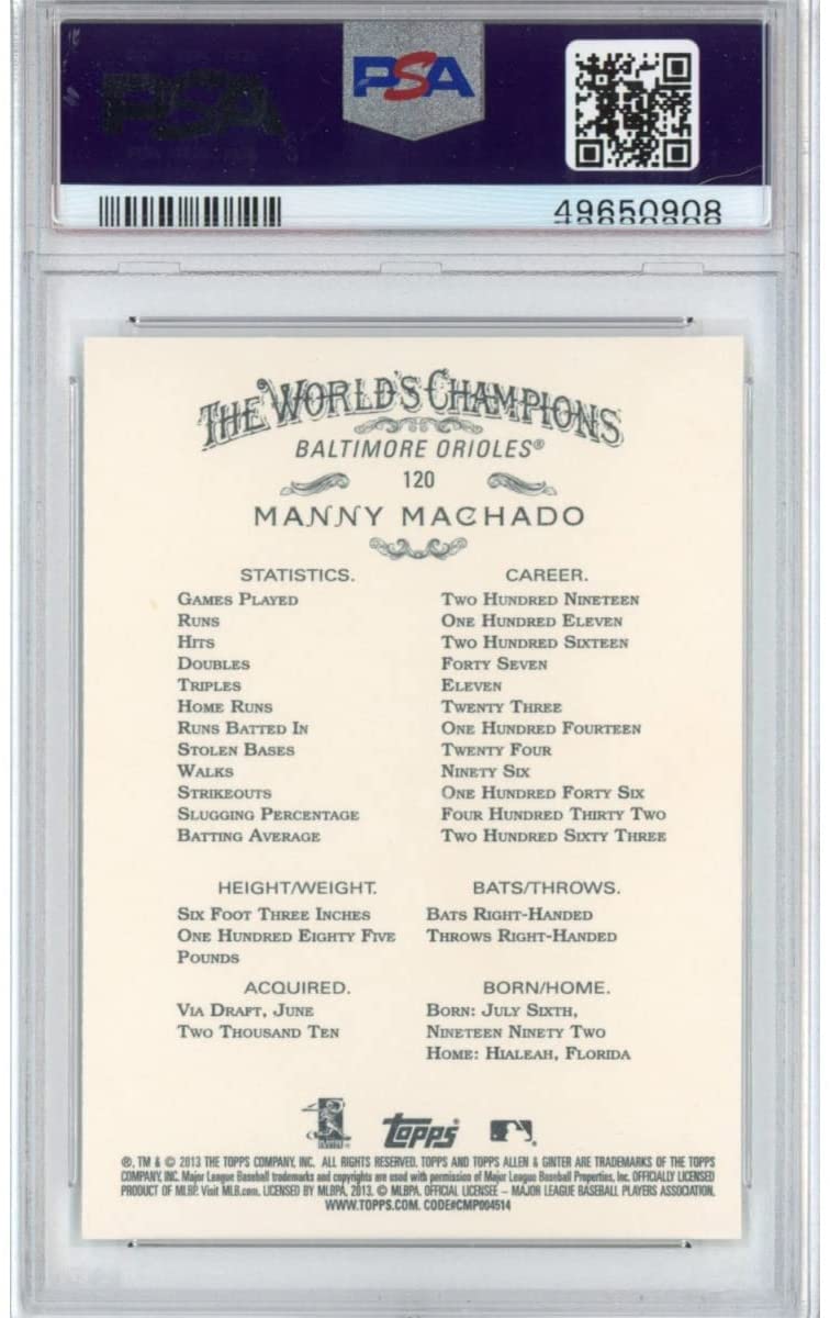 Graded 2013 Topps Allen & Ginter Manny Machado #120 Rookie RC Baseball Card PSA 10 Gem Mint