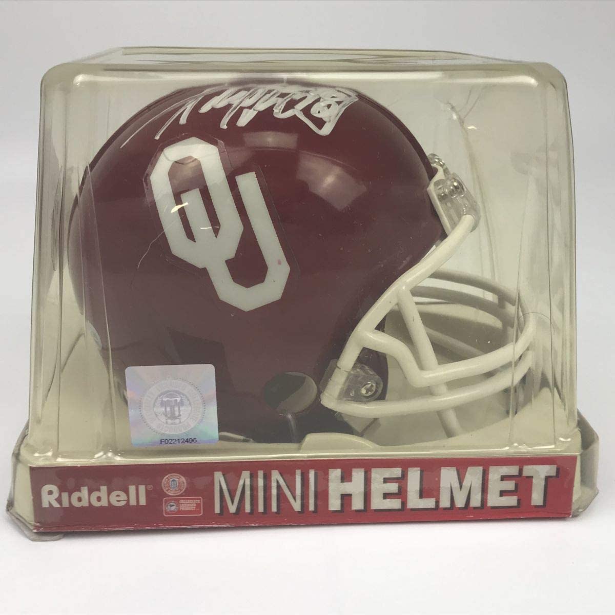 Autographed/Signed Adrian Peterson Oklahoma Sooners Mini College Football Helmet Beckett BAS COA